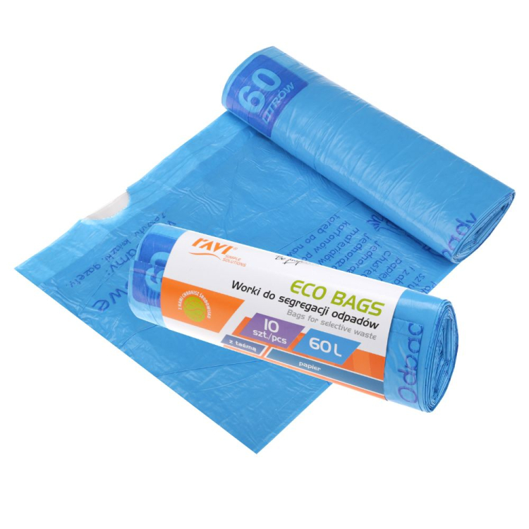 Worki do segregacji odpadów z taśmą ECO BAGS 60L niebieskie 10 sztuk RAVI